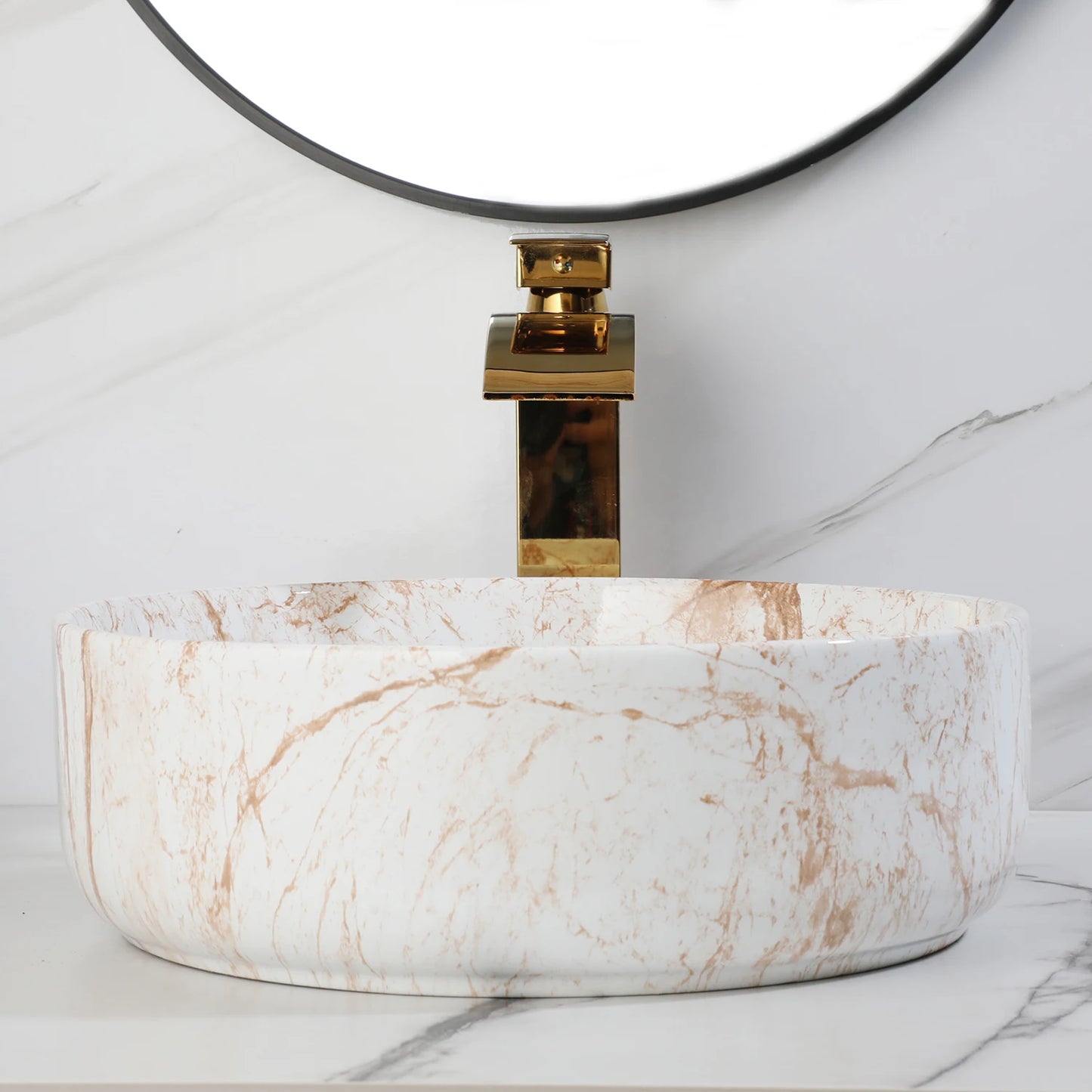 YANKSMART Marble Bathroom Vessel Sink With Gold Faucet