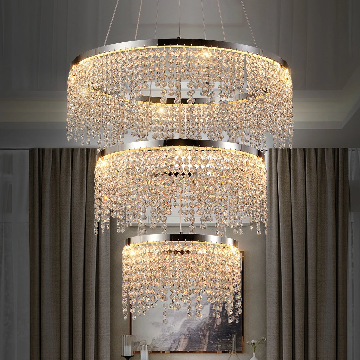 Crystal Pendant Chandelier LED Ceiling Light With Adjustable Color Temperature