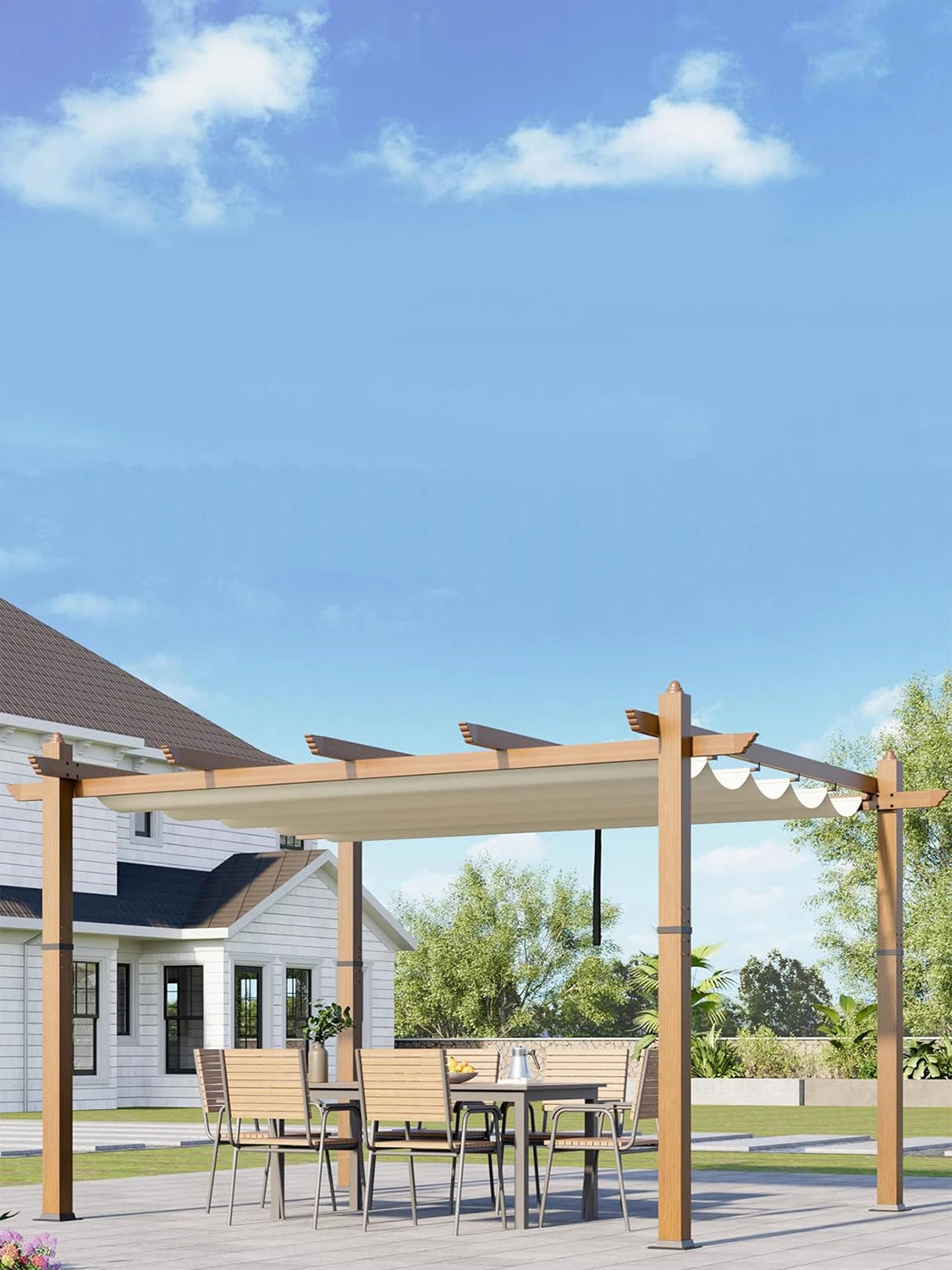 HiMISS Outdoor Pergola With Retractable Canopy And Faux Wood