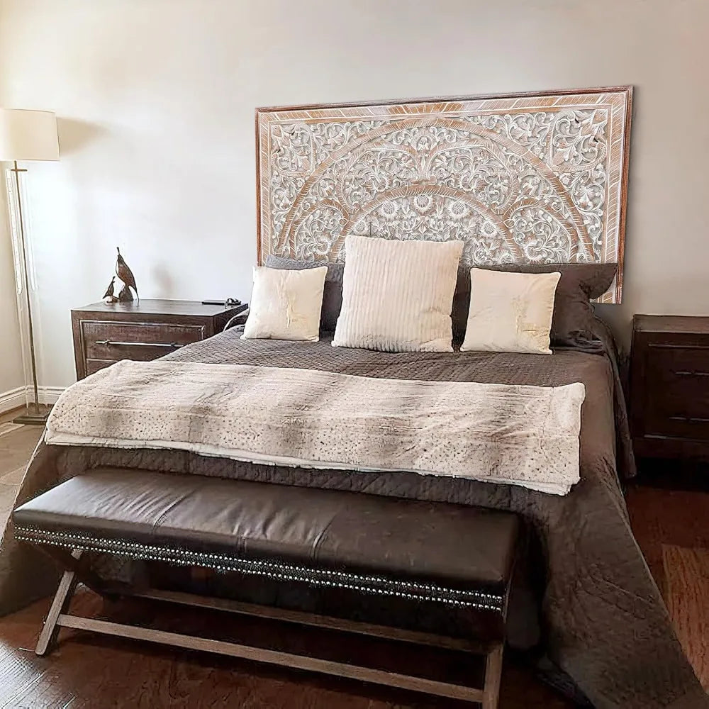 RBXC Handcarved Wood Headboard Decorative Wall Mount for Bed