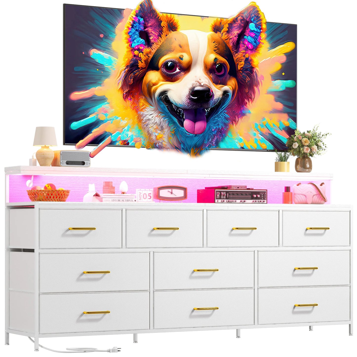 Smart Dresser With LED Lights, Power Outlets, Metal Frame, Fabric-Drawers