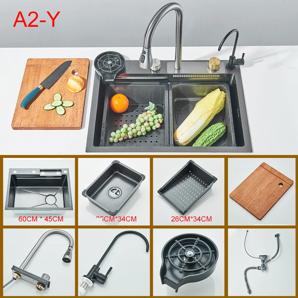 Multifunctional Kitchen Waterfall Sink With Digital Display 304 Stainless Steel