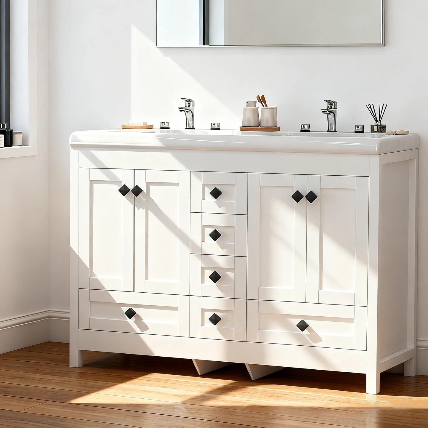 Teousev Double-Sink Freestanding Vanity With Drawers Cabinet Modern Bathroom
