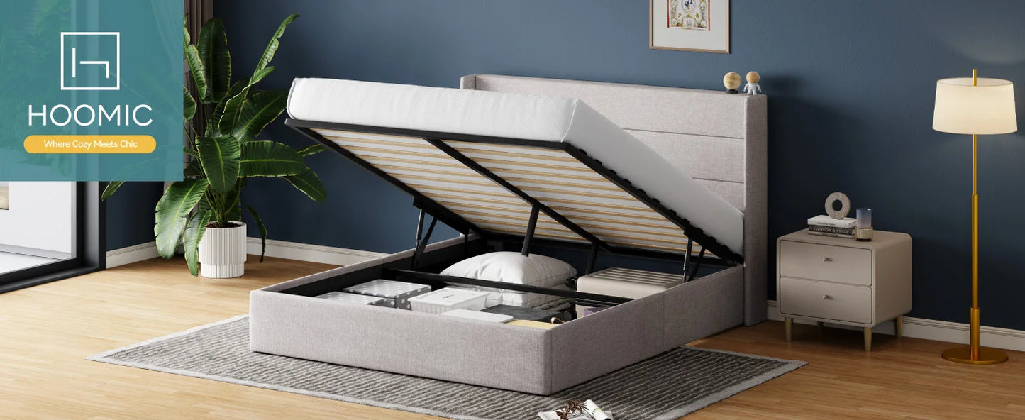 HOOMIC Lift Up Storage Bed With Wingback Headboard