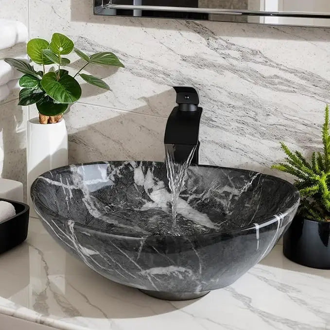 KEMAIDI Oval Vessel Sink With Faucet Marble Finish