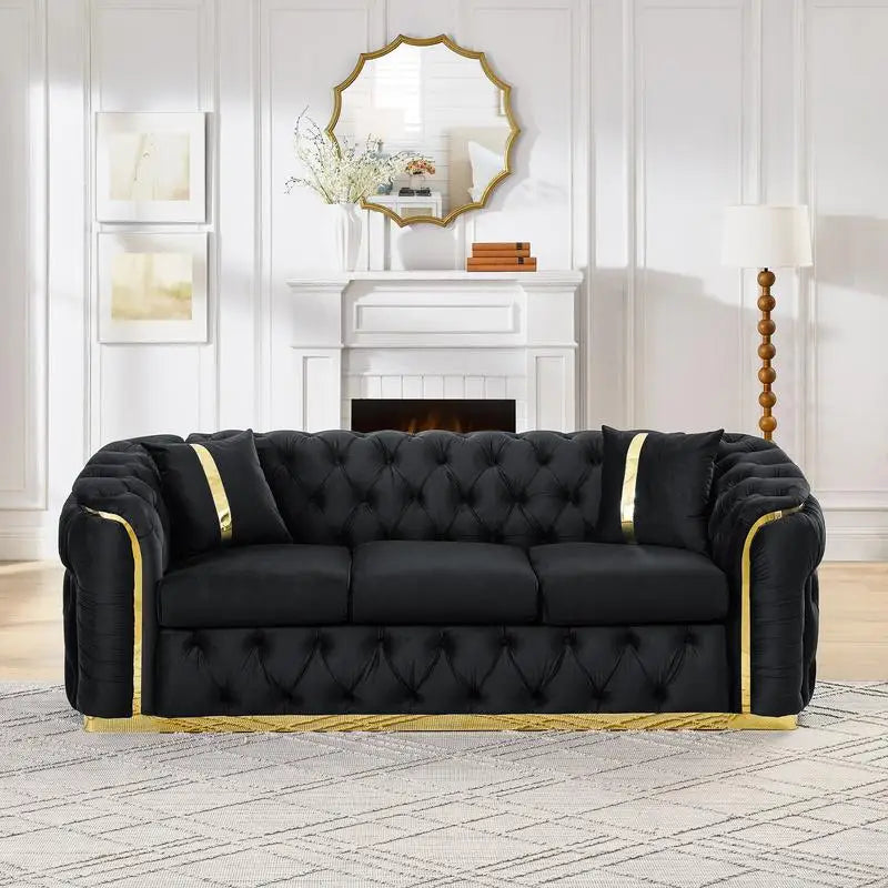 Velvet Button Tufted Chesterfield Sofa With Stainless Steel Accents