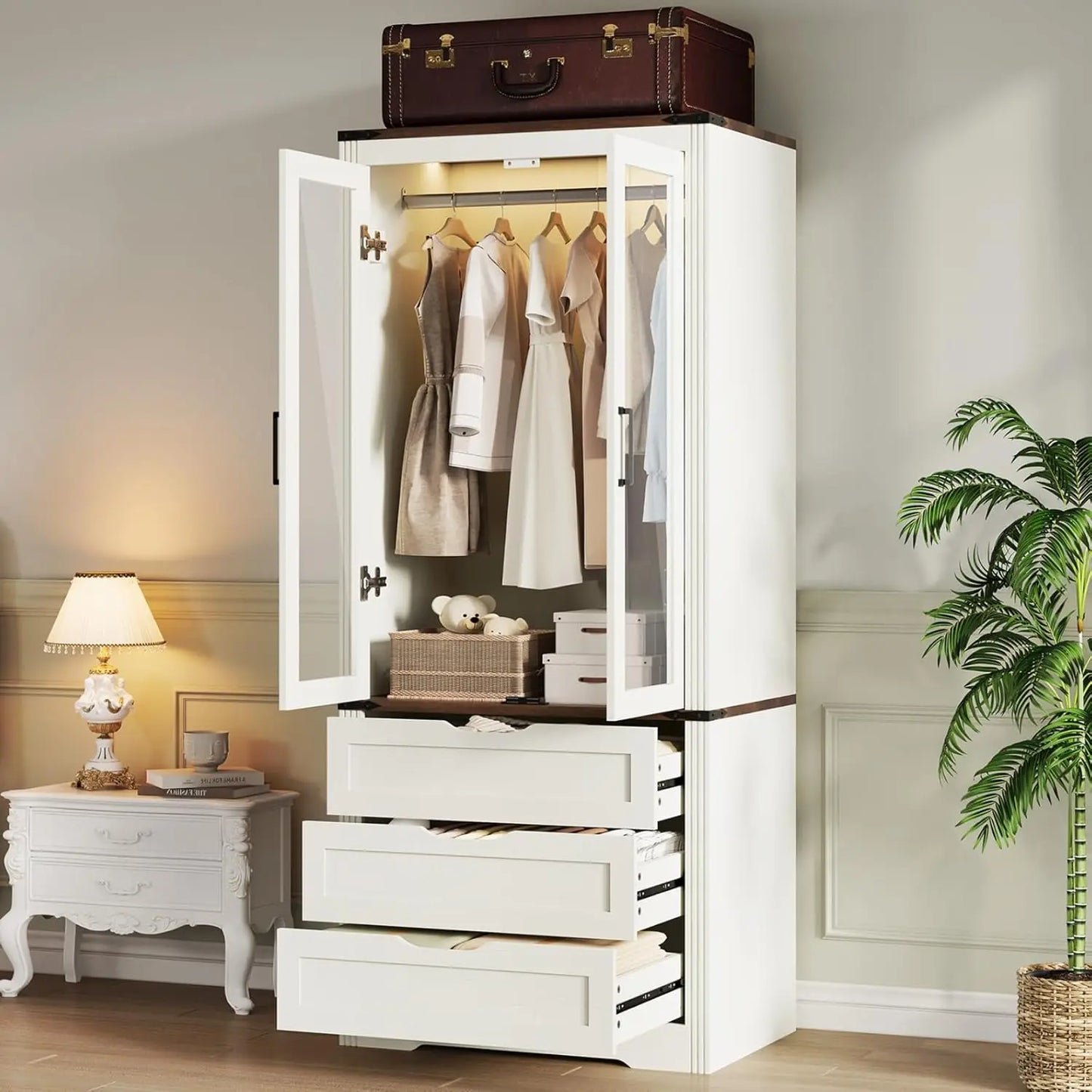 Farmhouse Armoire Wardrobe With LED Light Bedroom Storage Cabinet