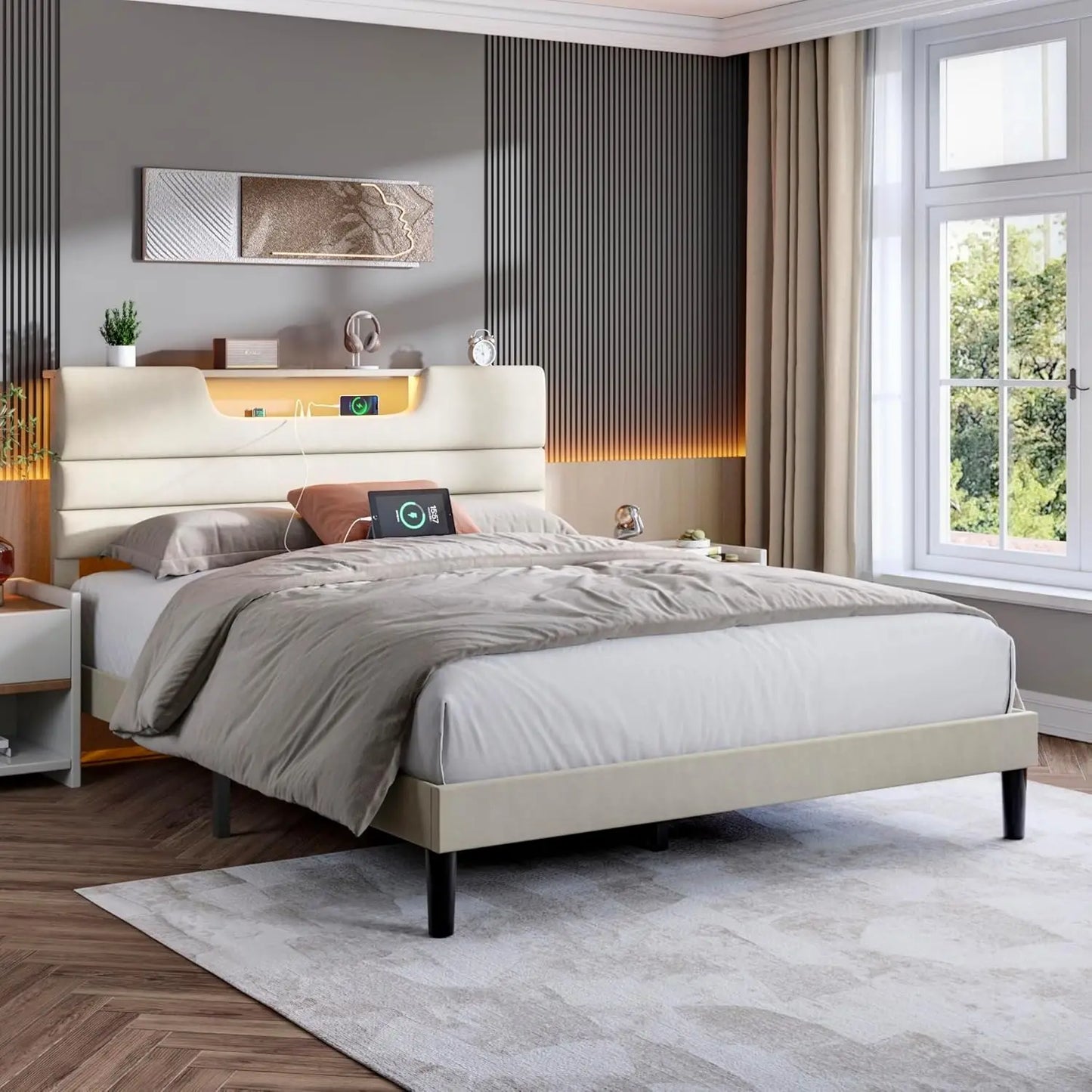 Modern Upholstered Platform Bed With Headboard Charging Station And LED