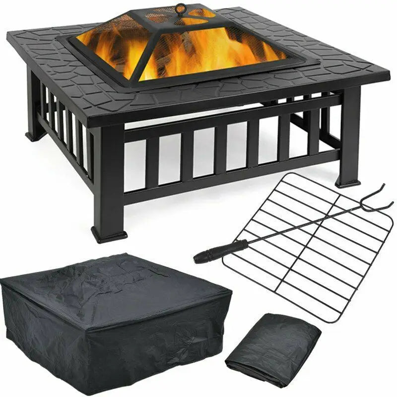 32'' Outdoor Fire Pit,Fireplaces,Wood Burning BBQ Table,Patio Garden Camping Stove with Stainless Steel Grill