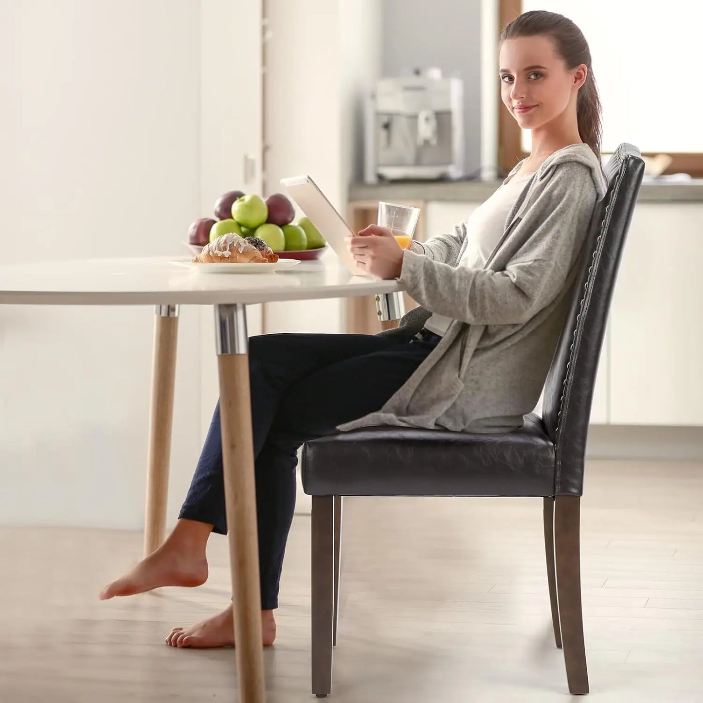 Moden PU Leather Dining Chairs Set 6 With Wooden Legs