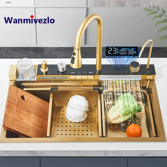 Wanmivezlo Stainless Steel Kitchen Sink With Waterfall Design Single Bowl