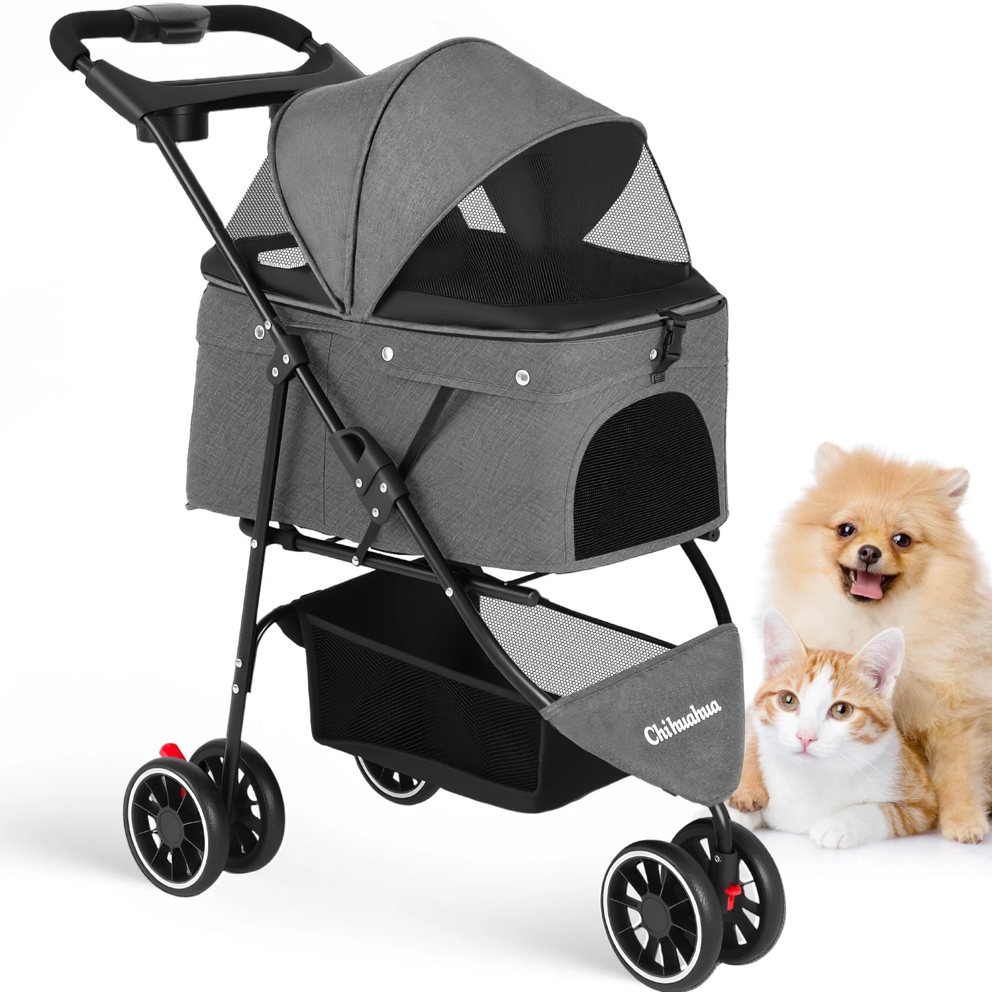 Chihuahua Pet Stroller 3 Wheel Foldable Carrier With Mesh Canopy