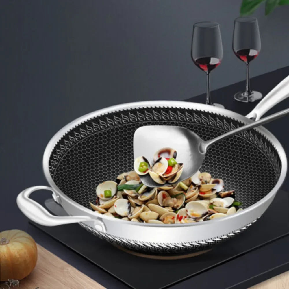 Stainless Steel Wok Pan With Glass Lid Non-Stick Coating