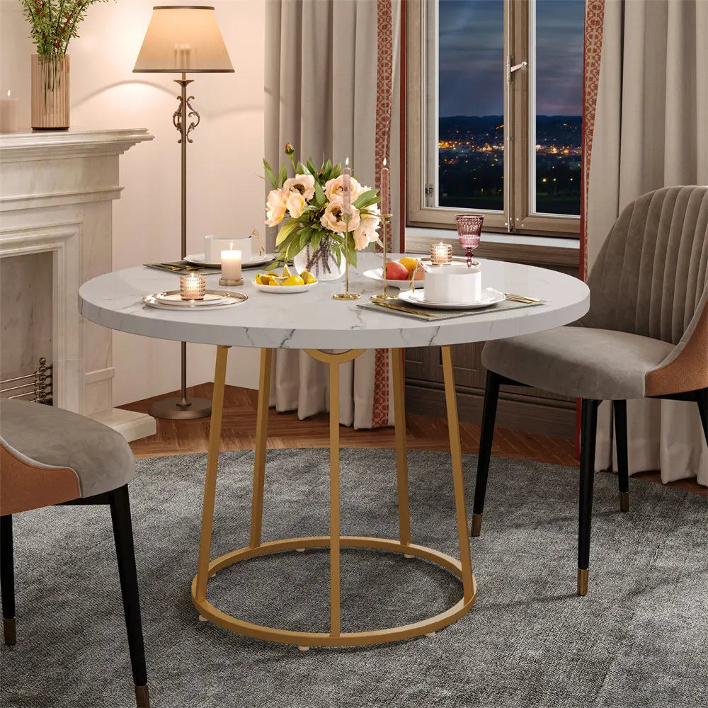 ONBRILL Round Dining Table for Four with Marble Pattern Base