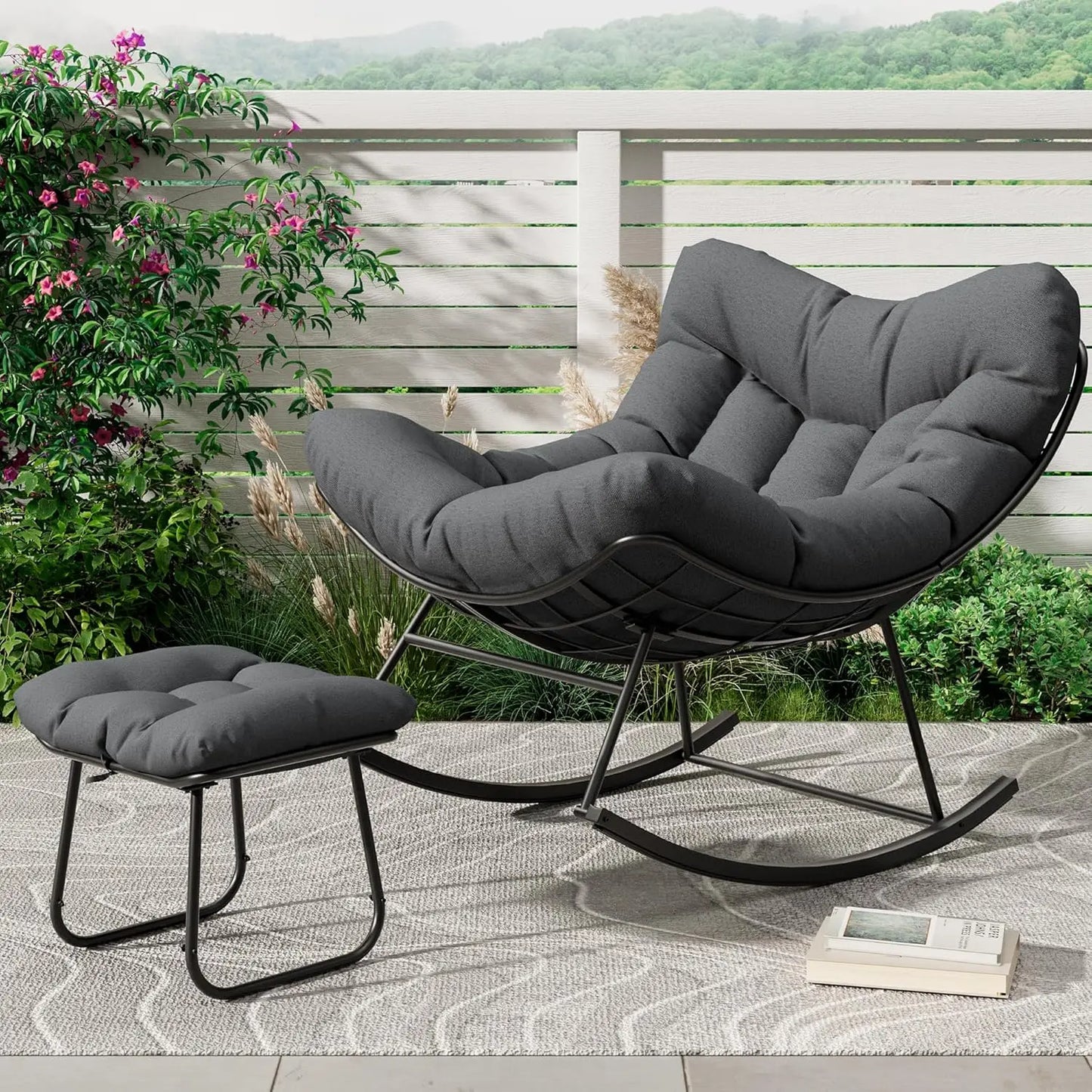 TWISTER.CK Outdoor Papasan Rocking Chair With Footrest