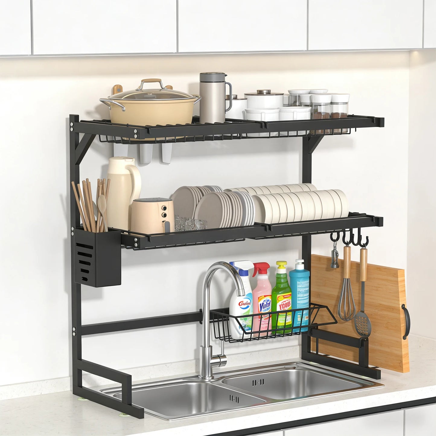 Sink-Mounted Multi-Tier Dish Drainer with Utensil Slots