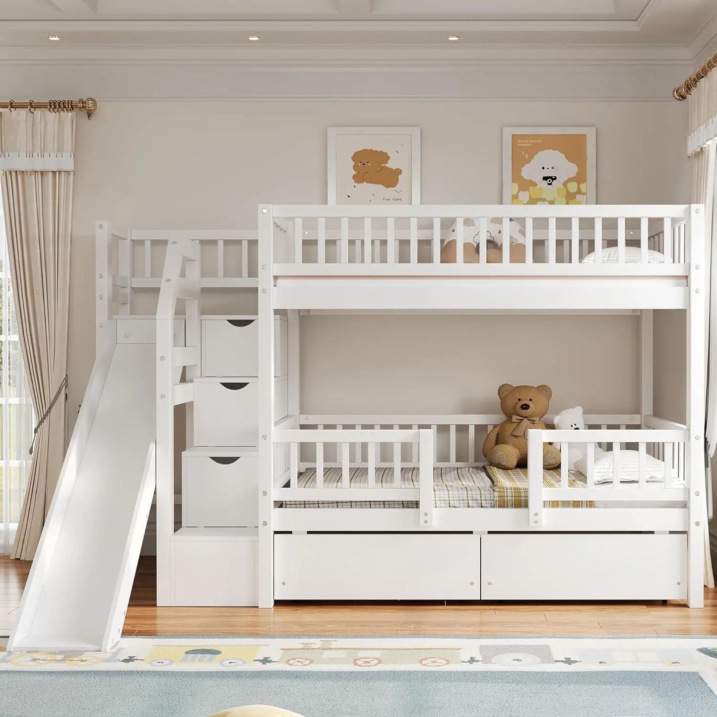 Twin Over Twin Bunk Bed With Slide And Storage Drawers
