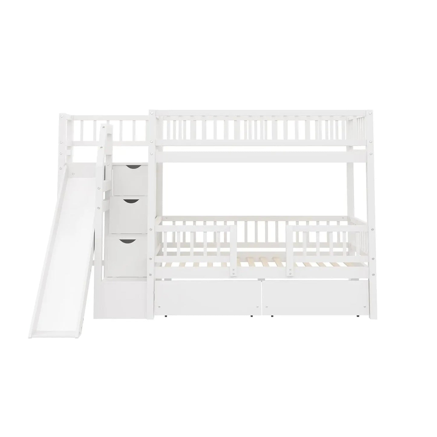 Twin Over Twin Bunk Bed With Slide And Storage Drawers