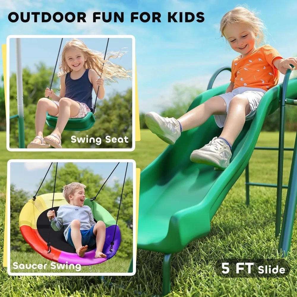 Backyard Swing Set With Saucer Swing And Sturdy Metal Frame