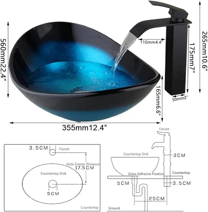 YANKSMART Tempered Glass Oval Sink Set With Pop Up Drain