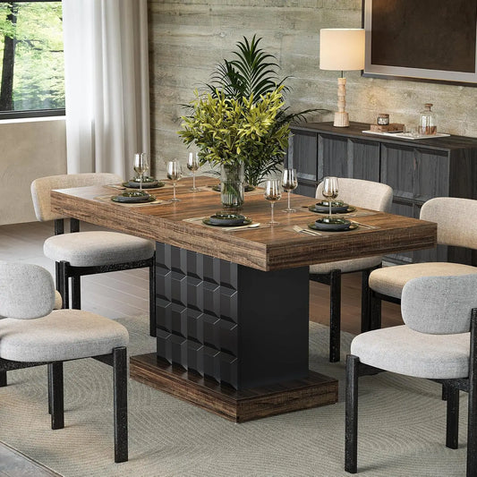 Modern Rectangular Farmhouse Dining Table With Sturdy Wood Pedestal Base