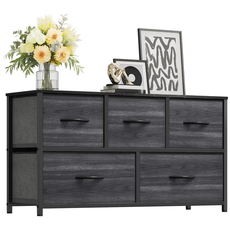 Five-Drawer Fabric Dresser With Wooden Top And Steel Frame
