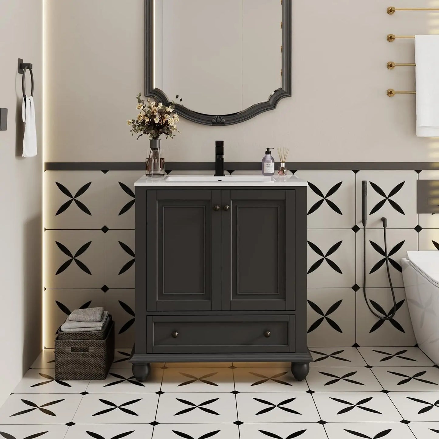 Retro Painted Bathroom Vanity And Sink With Matte Faucet