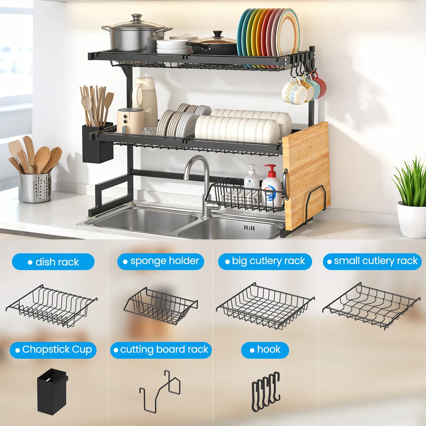 Sink-Mounted Multi-Tier Dish Drainer with Utensil Slots