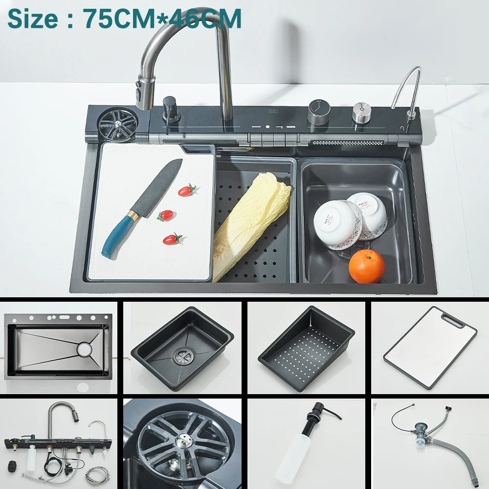 Multifunctional Kitchen Waterfall Sink With Digital Display 304 Stainless Steel