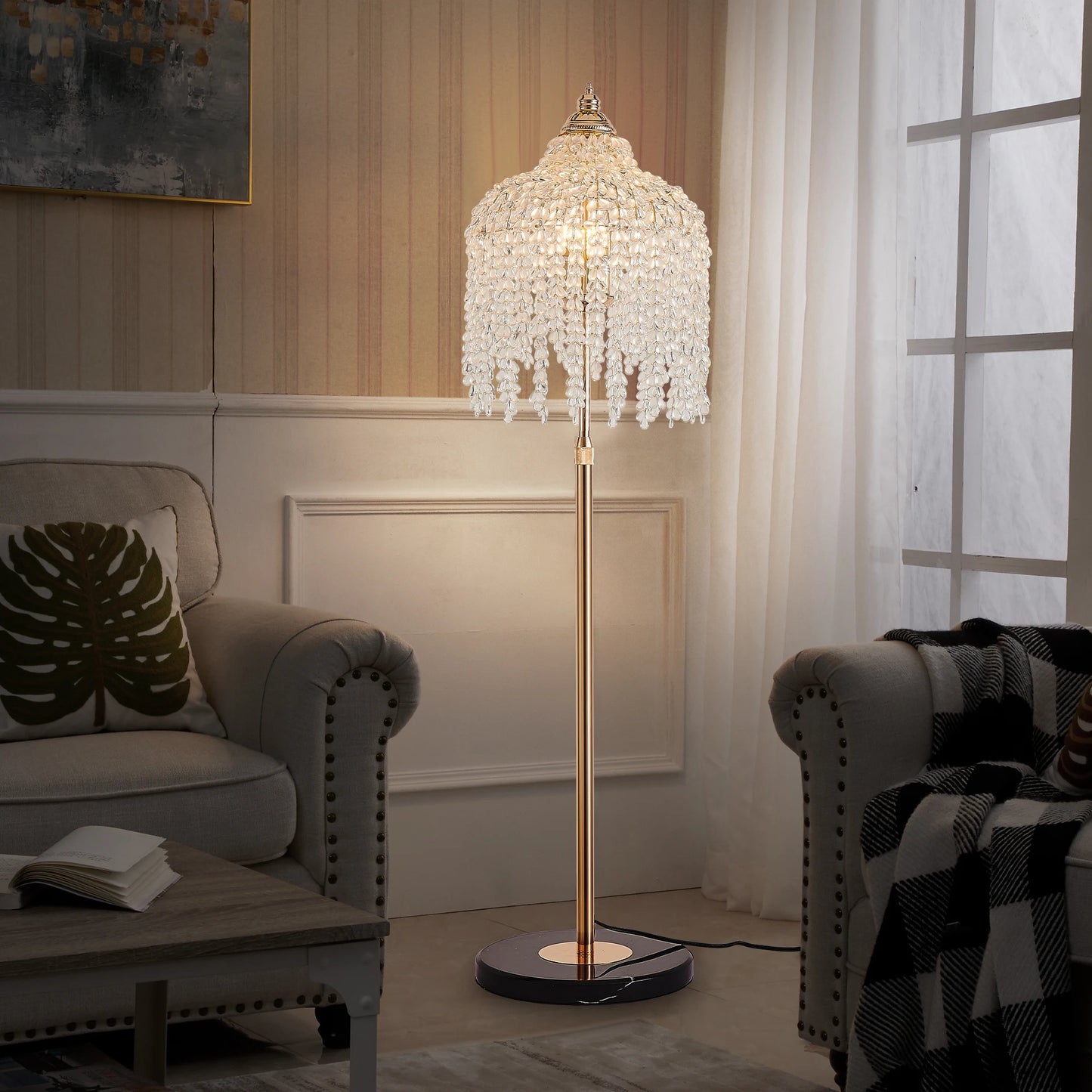 ARLGSITEC Crystal Floor Lamp 3-Light Waterfall Bead Design