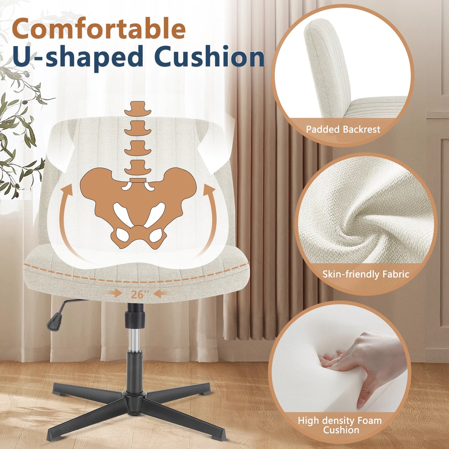 JHK Cross Legged Office Chair Rocking Swivel Armless Fabric Task Chair