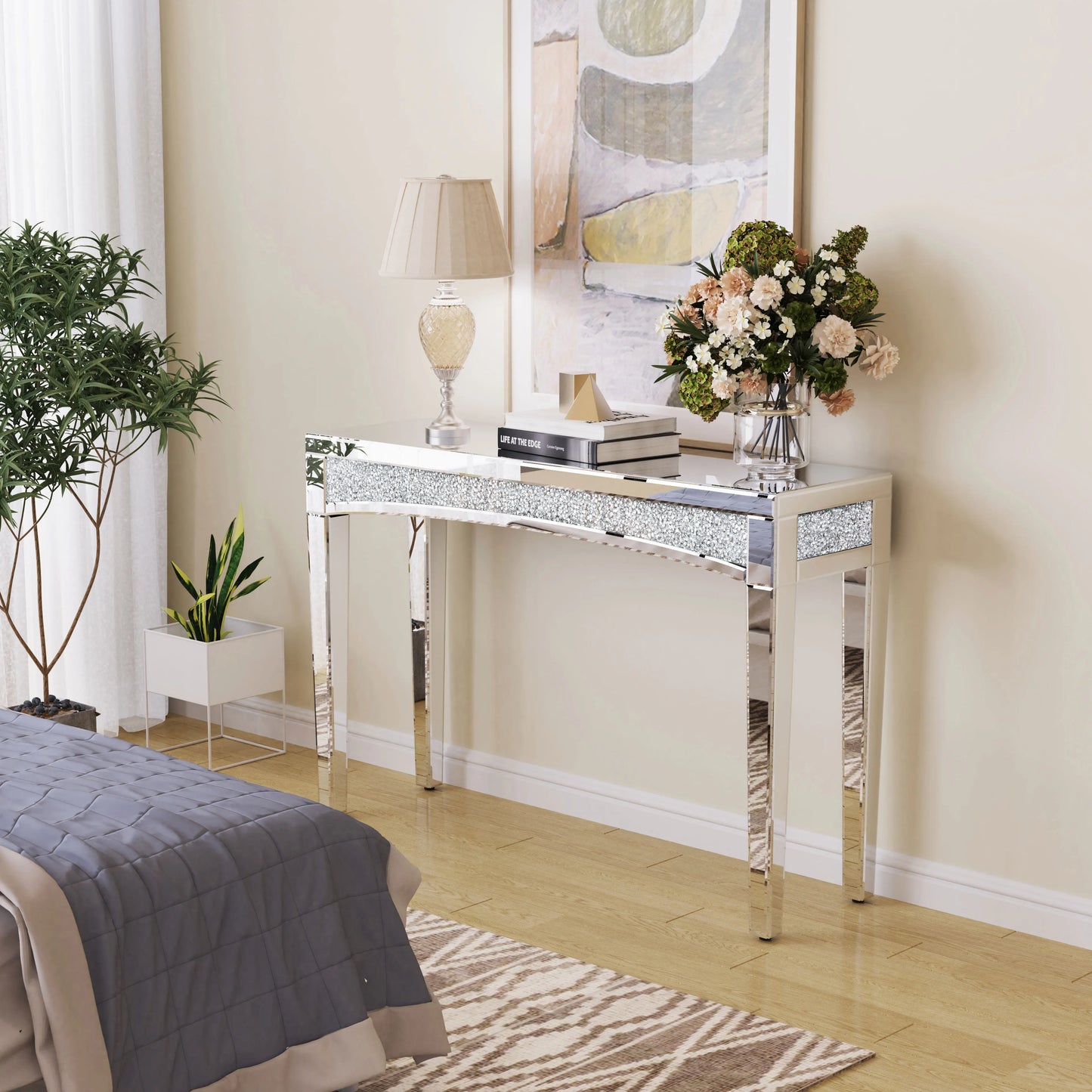 Wisfor Mirrored Desk Console Table With Crystal Inlay Living Room