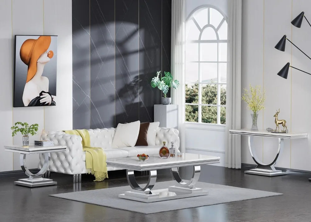 Modern Faux Marble Coffee Table With Silver Mirrored Finish