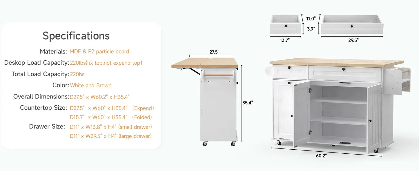 ONBRILL Mobile Kitchen Island Cart With Power Outlet And Storage