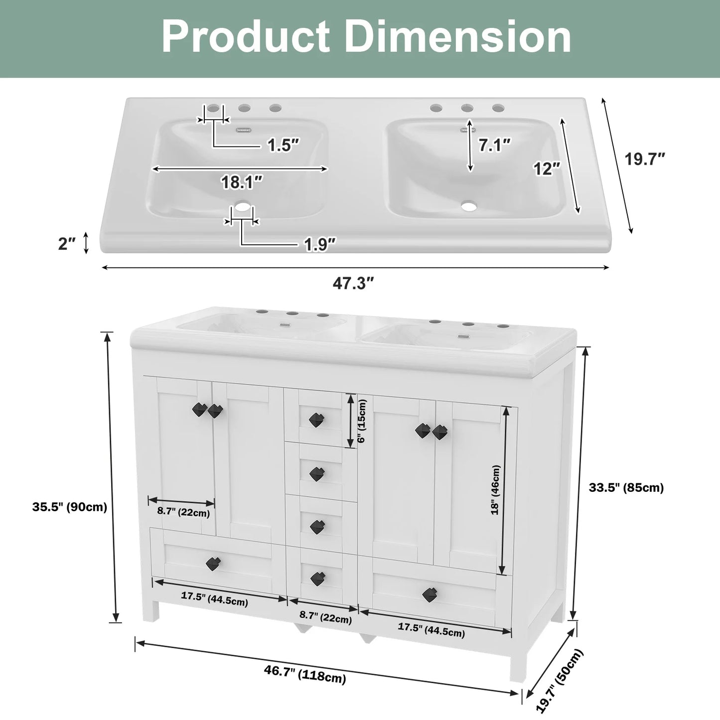 Teousev Double-Sink Freestanding Vanity With Drawers Cabinet Modern Bathroom