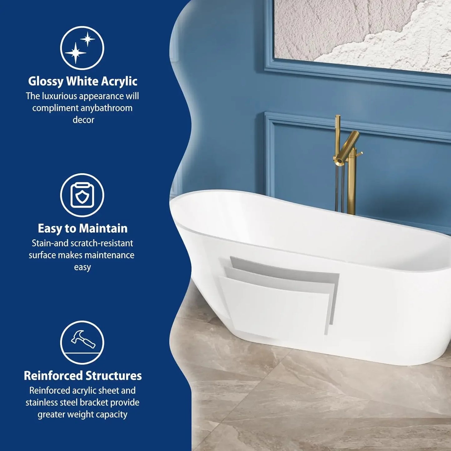 Freestanding Acrylic Soaking Bathtub With Chrome Drain And Overflow