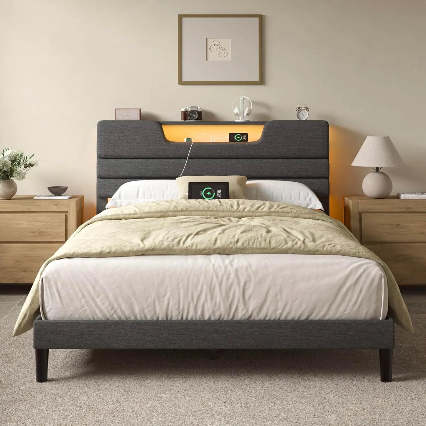 Modern Upholstered Platform Bed With Headboard Charging Station And LED