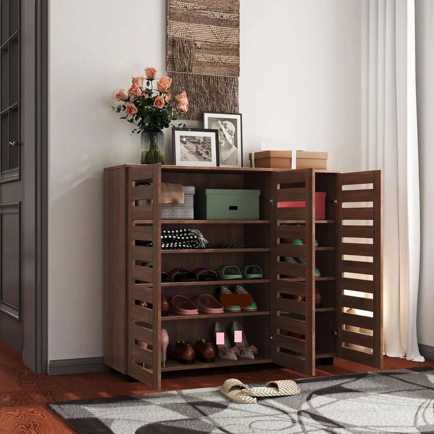 Retro Shoe Cabinet 5-Tier Storage with Adjustable Shelves