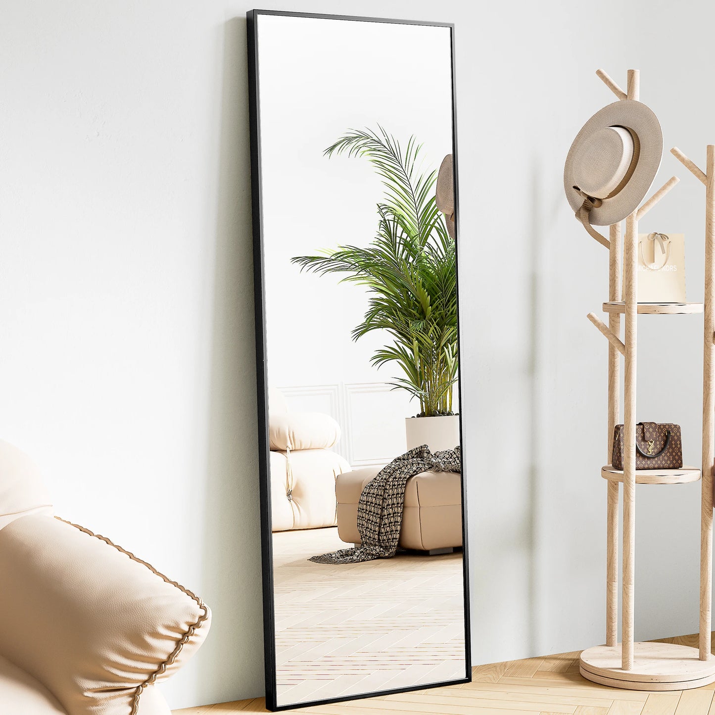 JHK Full Body Wall Mirror With Stand And Aluminum Frame Living Room