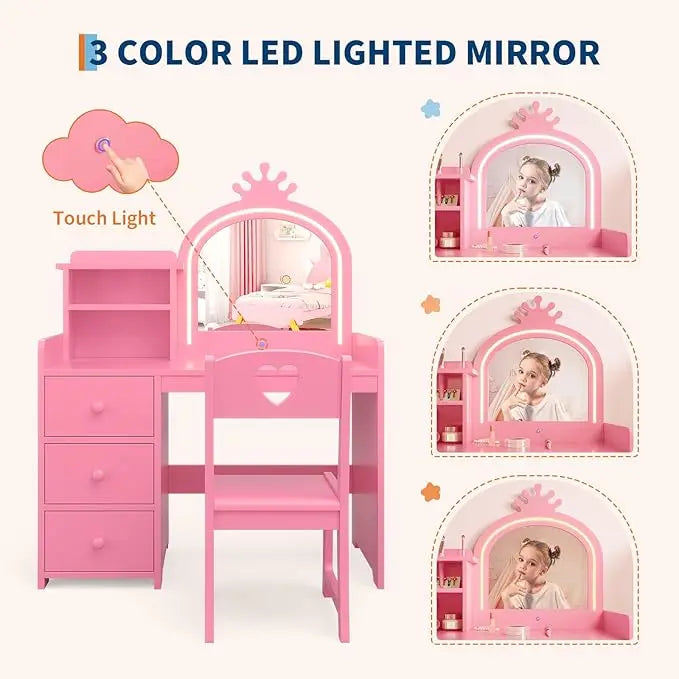 HiMISS Kids Vanity With Lights 2 In 1 Princess Makeup Desk Chair Open Bookshelf