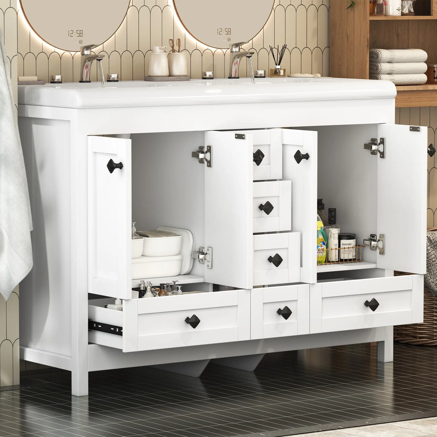 Teousev Double-Sink Freestanding Vanity With Drawers Cabinet Modern Bathroom