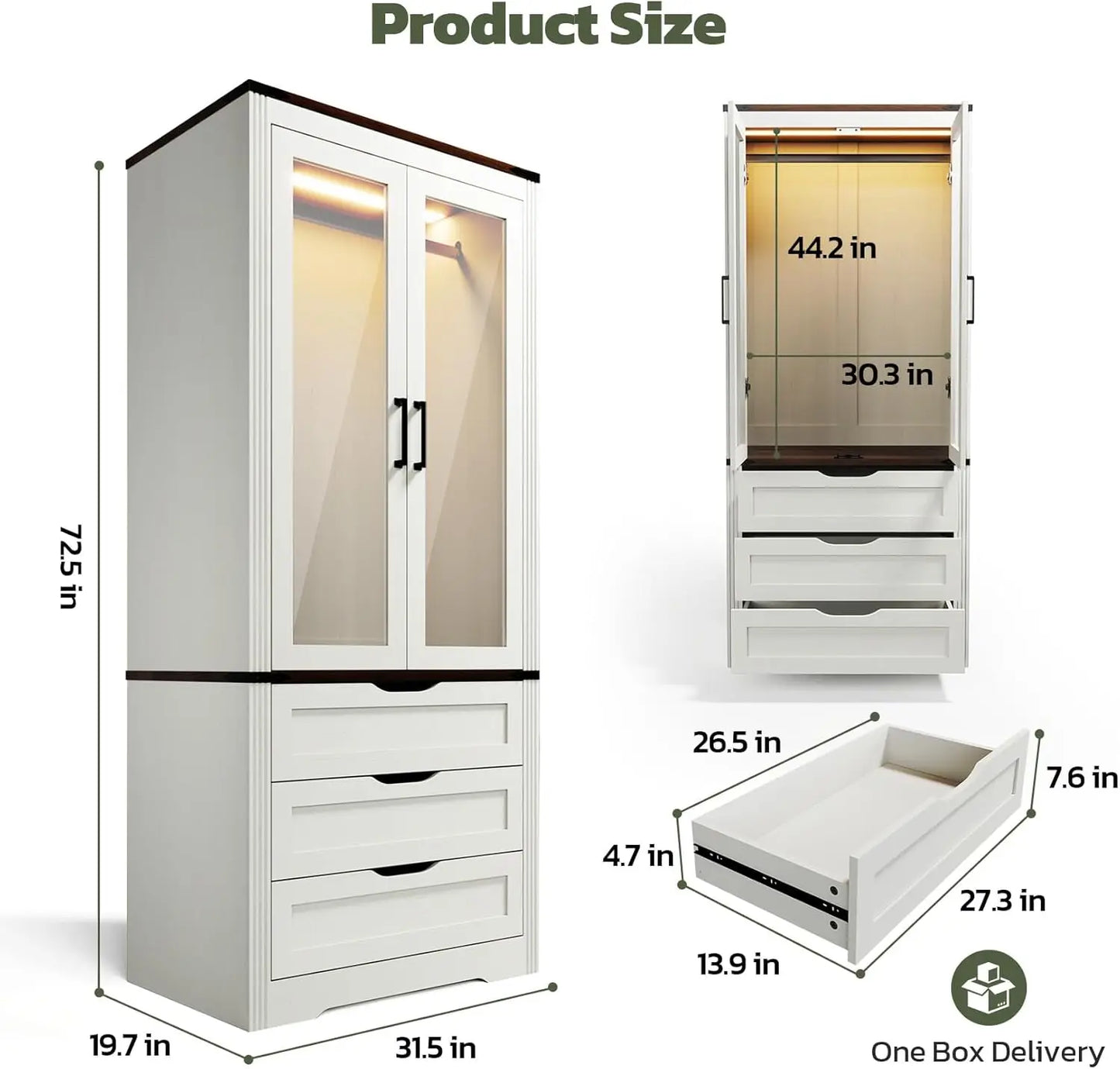 Farmhouse Armoire Wardrobe With LED Light Bedroom Storage Cabinet