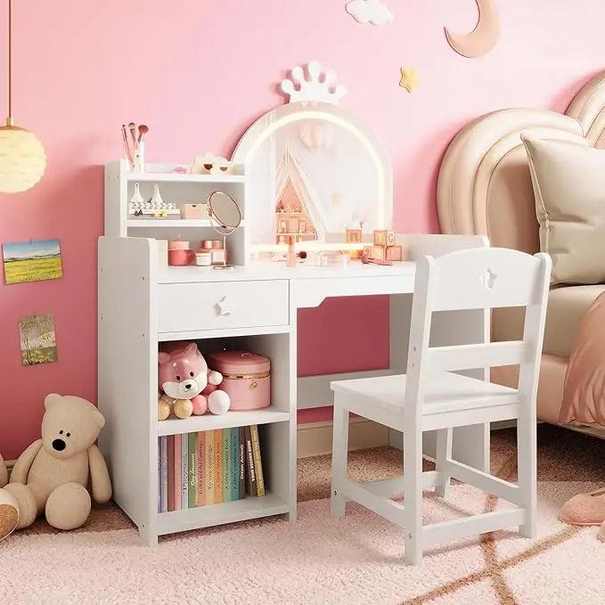 HiMISS Kids Vanity With Lights 2 In 1 Princess Makeup Desk Chair Open Bookshelf