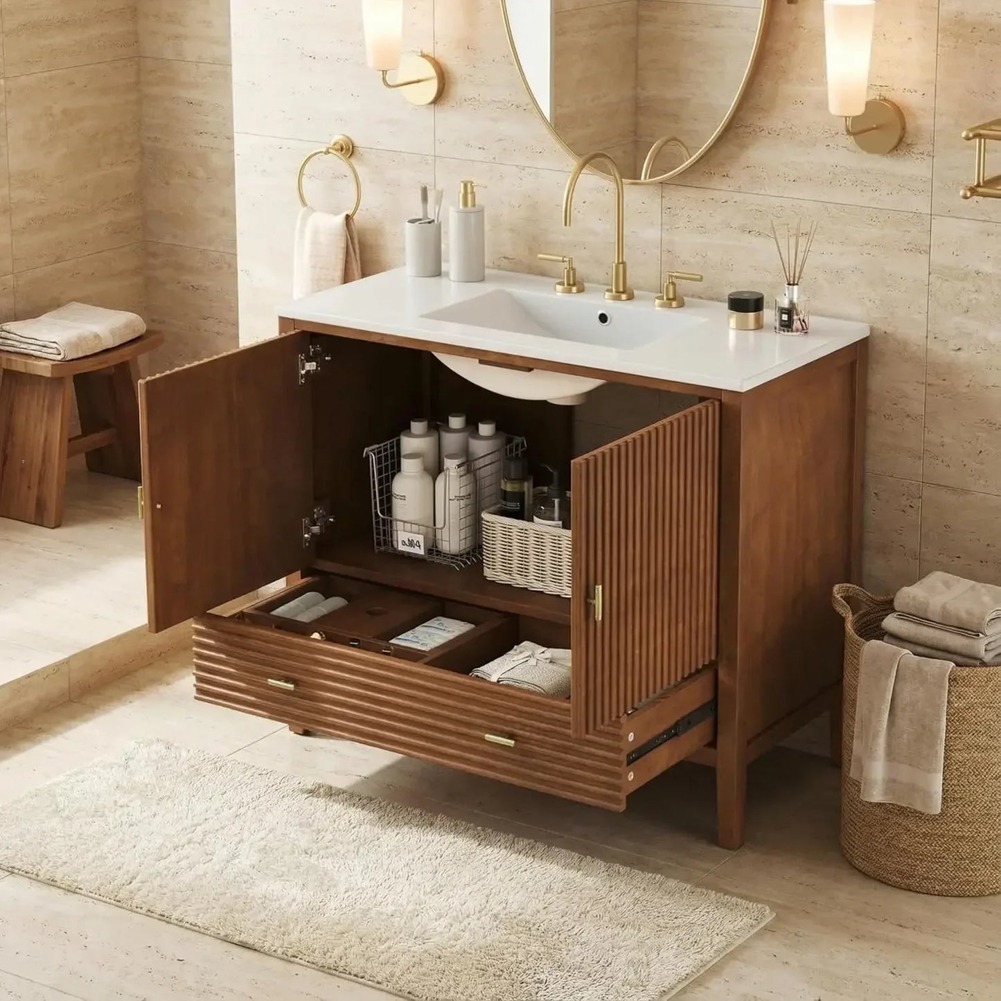 Mid-Century Walnut Bathroom Vanity With Ceramic Sink And Soft-Close