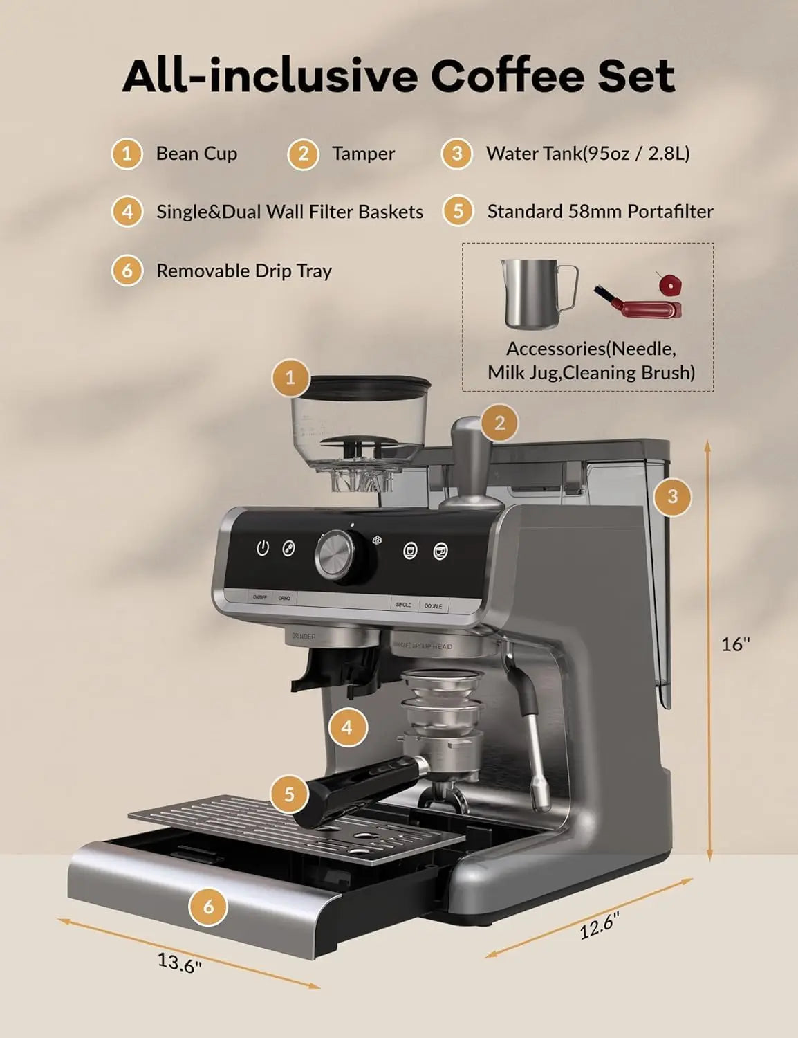 Acekool 20 Bar Espresso Machine 1450W Semi Automatic With Grinder