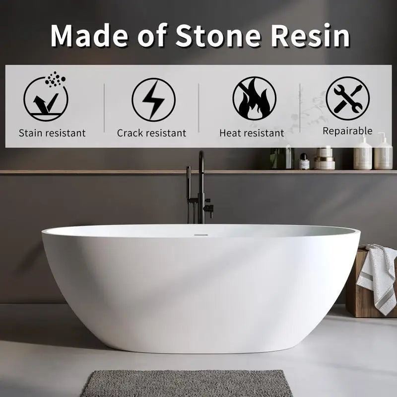 70.8" Matte White Solid Surface Soaking Tub, Stone Resin Freestanding Bathtub with Overflow, Pop-up Drain, Oval Design, Thick