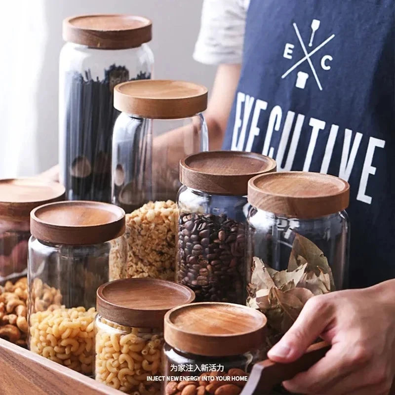 Glass Airtight Canister Set With Wood Lids For Kitchen