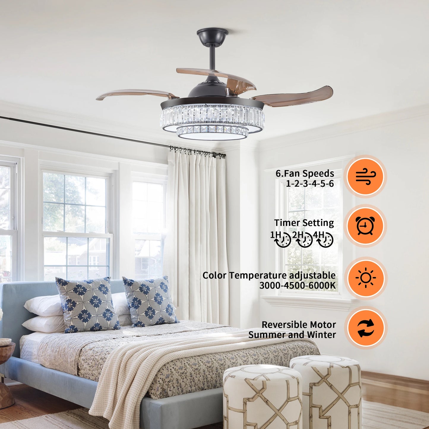 ARLGSITE Luxurious Crystal Ceiling Fan Light Remote Control