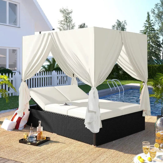 RBXC Outdoor Sunbed Chaise Lounge With Retractable Curtains
