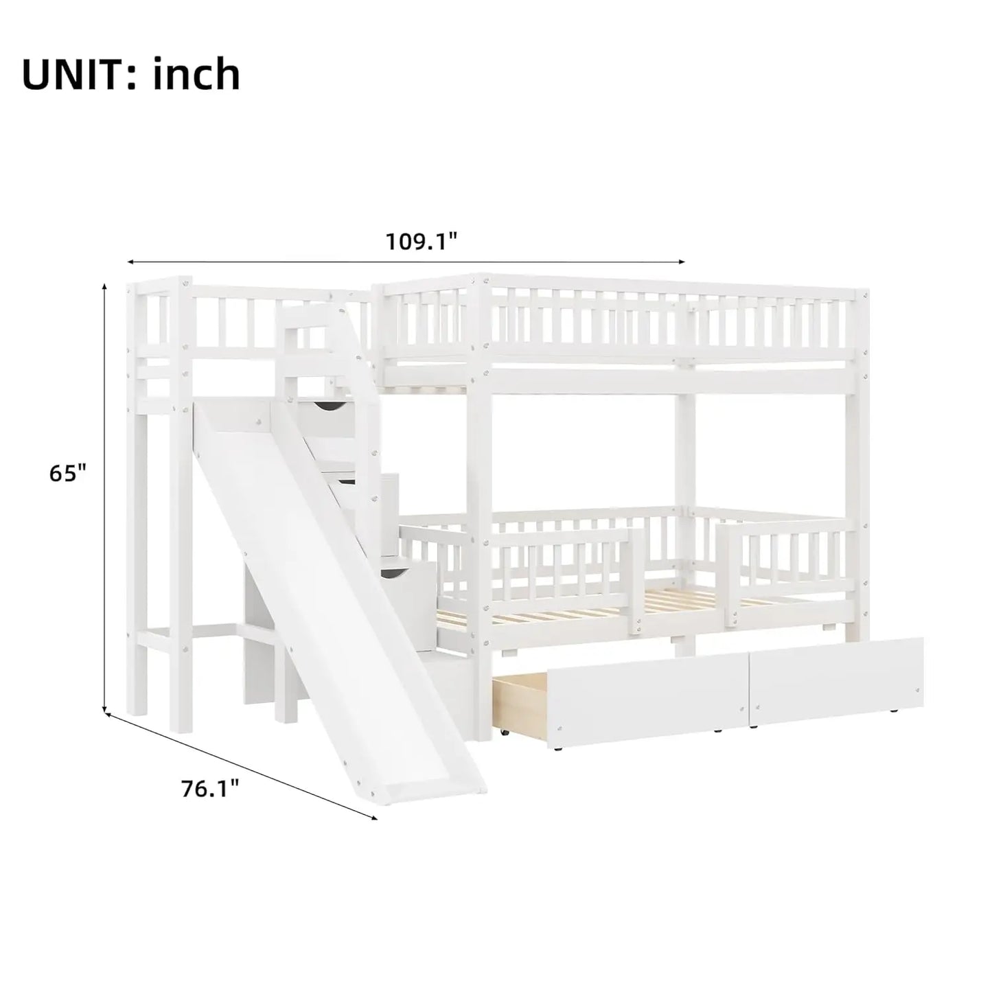 Twin Over Twin Bunk Bed With Slide And Storage Drawers